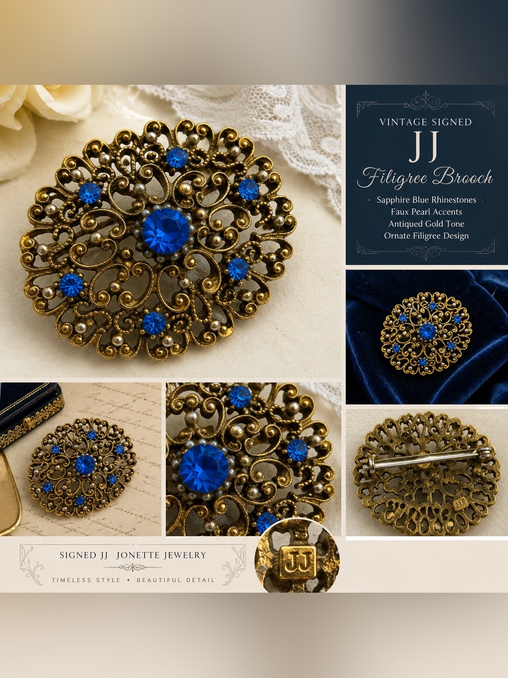 JJ Jonette Gold Filigree Brooch with Sapphire Blue Rhinestones